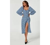 Fs Collection Floral Print Long Sleeve Heart Neckline Midi Dress In Blue Blue