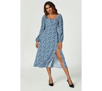 FS Collection Floral Print Long Sleeve Heart Neckline Midi Dress In Blue - S - Blue