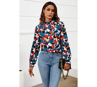 Fs Collection Floral Print Long Sleeve High Neck Top In Blue Blue XL