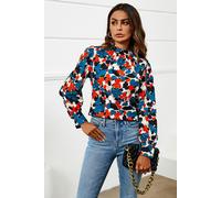 FS Collection Floral Print Long Sleeve High Neck Top In Blue - XS - Blue