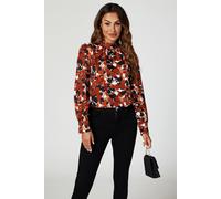 Fs Collection Floral Print Long Sleeve High Neck Top In Dark Red Dark Red S
