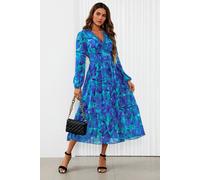 Fs Collection Floral Print Long Sleeve Maxi Dress In Blue Blue