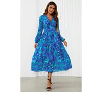 FS Collection Floral Print Long Sleeve Maxi Dress In Blue - L - Blue