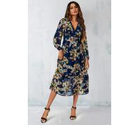 FS Collection Floral Print Long Sleeve Maxi Dress In Navy - S - Navy