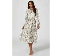 FS Collection Floral Print Long Sleeve Midi Dress In White - S - White