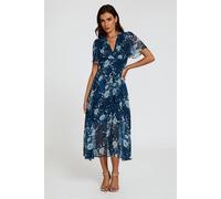 Fs Collection Floral Print Midi V Neckline Dress In Navy Navy