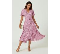 FS Collection Floral Print Midi Wrap Dress In Pink - XS - Pink