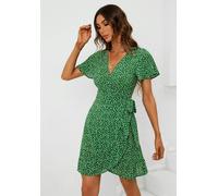 FS Collection Floral Print Mini Wrap Dress In Green - XL - Green