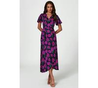 FS Collection Floral Print Satin Wrap Maxi Dress In Magenta - XL - Magenta