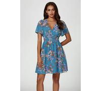 FS Collection Floral Print Short Sleeve Mini Dress In Blue - L - Blue