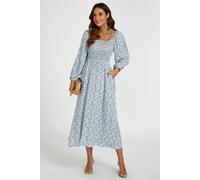 FS Collection Floral Print Square Neck Maxi Dress In Light Blue - S - Light Blue