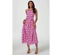 FS Collection Floral Print Tie Halterneck Maxi Dress In Pink - M - Pink