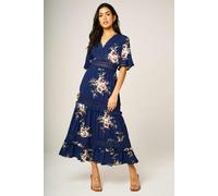 FS Collection Floral Print V Neck Lace Detail Midi Dress In Navy - M - Navy