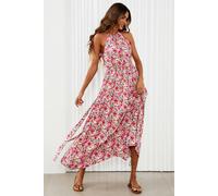 FS Collection Floral Tie Halterneck Maxi Dress In Pink - XL - Pink