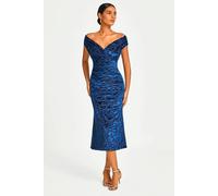 Fs Collection Floral Velvet Devore Bardot Pleated Midi Dress In Navy Navy