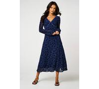Fs Collection Floral Velvet Devore V Neckline Midi Dress In Navy Navy
