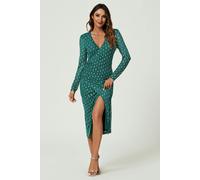 FS Collection Foil Mesh Long Sleeve Midi Dress In Green - XS - Green