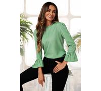 Fs Collection Frill Cuff Long Sleeve Blouse Top In Green Polka Dot Green S