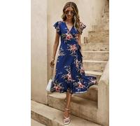 FS Collection Frill Shoulder Sleeve Floral Midi Wrap Dress In Navy - XL