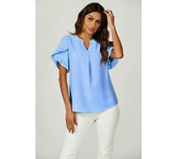 FS Collection Frill Trim Detail Short Sleeve Blouse Top In Light Blue - S - Blue