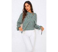 Fs Collection Geo Print Side Tie Blouse Top In Green Green XS