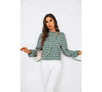 FS Collection Geo Print Side Tie Blouse Top In Green - S - Green