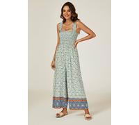 Fs Collection Geo Print Stretchy Smocked Wide Leg Jumpsuit In Blue Blue