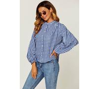 Fs Collection Gingham Balloon Sleeve Blouse With Shell Buttons In Blue Blue