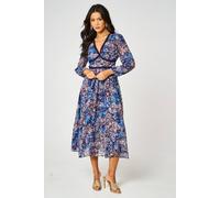 Fs Collection Gold Foil Abstract Print Long Sleeve Midi Dress In Navy Navy