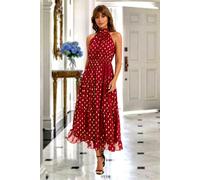 FS Collection Gold Foil Halter Neck Tie Back Midi Dress In Wine - M - Wine