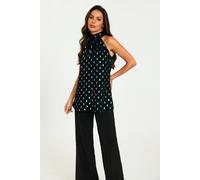 Fs Collection Gold Foil Halter Neck Tie Back Top In Black Black