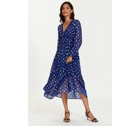 Fs Collection Gold Foil Lace Trim Long Sleeve Midi Dress In Blue Blue