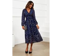 Fs Collection Gold Foil Lace Trim Long Sleeve Midi Dress In Navy Navy XXL