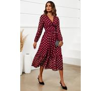 Fs Collection Gold Foil Lace Trim Long Sleeve Midi Dress In Wine Wine S