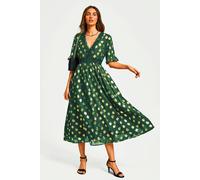 Fs Collection Gold Foil Lace Trim V Neck Midi Dress In Green Green