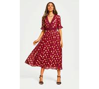 Fs Collection Gold Foil Lace Trim V Neck Midi Dress In Wine Wine