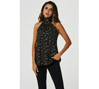 FS Collection Gold Foil Star Halter Neck Tie Back Top In Black - S - Black