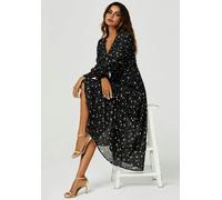 FS Collection Gold Star Foil Long Sleeve Maxi Dress In Black - M - Black