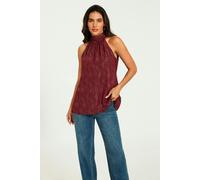 FS Collection Gold Stripe Foil Halter Neck Tie Back Top In Wine - L - Wine