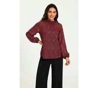 FS Collection Gold Stripe Foil Long Sleeve Frill High Neck Top In Wine - M - Wine