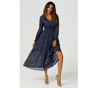 FS Collection Gold Stripe Foil Long Sleeve Maxi Dress In Navy - XS - Navy