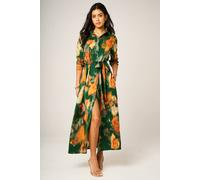 Fs Collection Green Abstract Print Shirt Collar Belted Midi Dress Green
