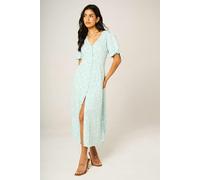 FS Collection Green Blue Floral Print Button Front Tie Sleeve Midi Dress In White - S - White