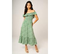 Fs Collection Green Floral Bardot Shirred Frill Midi Dress Green