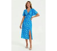 FS Collection Green Floral Print Angel Sleeve Midi Dress In Blue - M - Blue