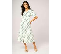 FS Collection Green Leaf Print Button Front Midi Dress In White - L - White
