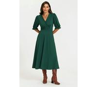 FS Collection Half Sleeves Jersey Midi Dress with Wrap Neckline In Green - S - Green