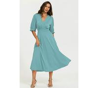 FS Collection Half Sleeves Jersey Midi Dress with Wrap Neckline In Grey Blue - L - Grey Blue