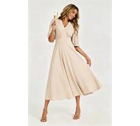 Fs Collection Half Sleeves Jersey Midi Dress With Wrap Neckline In Off White Off White
