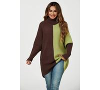 Fs Collection High Neck Half Brown & Green Block Color Jumper Top Brown